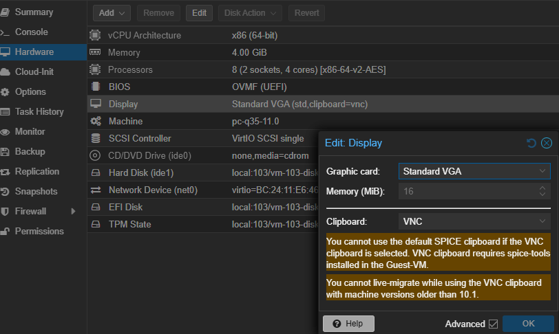 Proxmox Display Settings